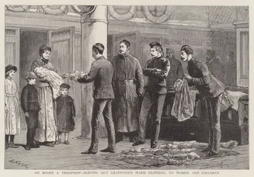 On Board a Troopship, Serving out gratuitous warm clothing to Women and Children